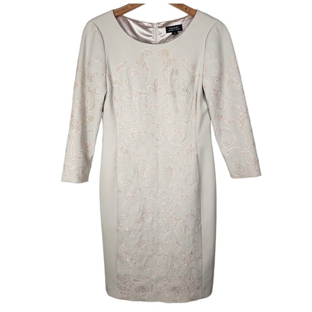 Tahari Women Cream Formal shift dress white scrolling pattern embroidery Sz. 8 - Picture 4 of 12